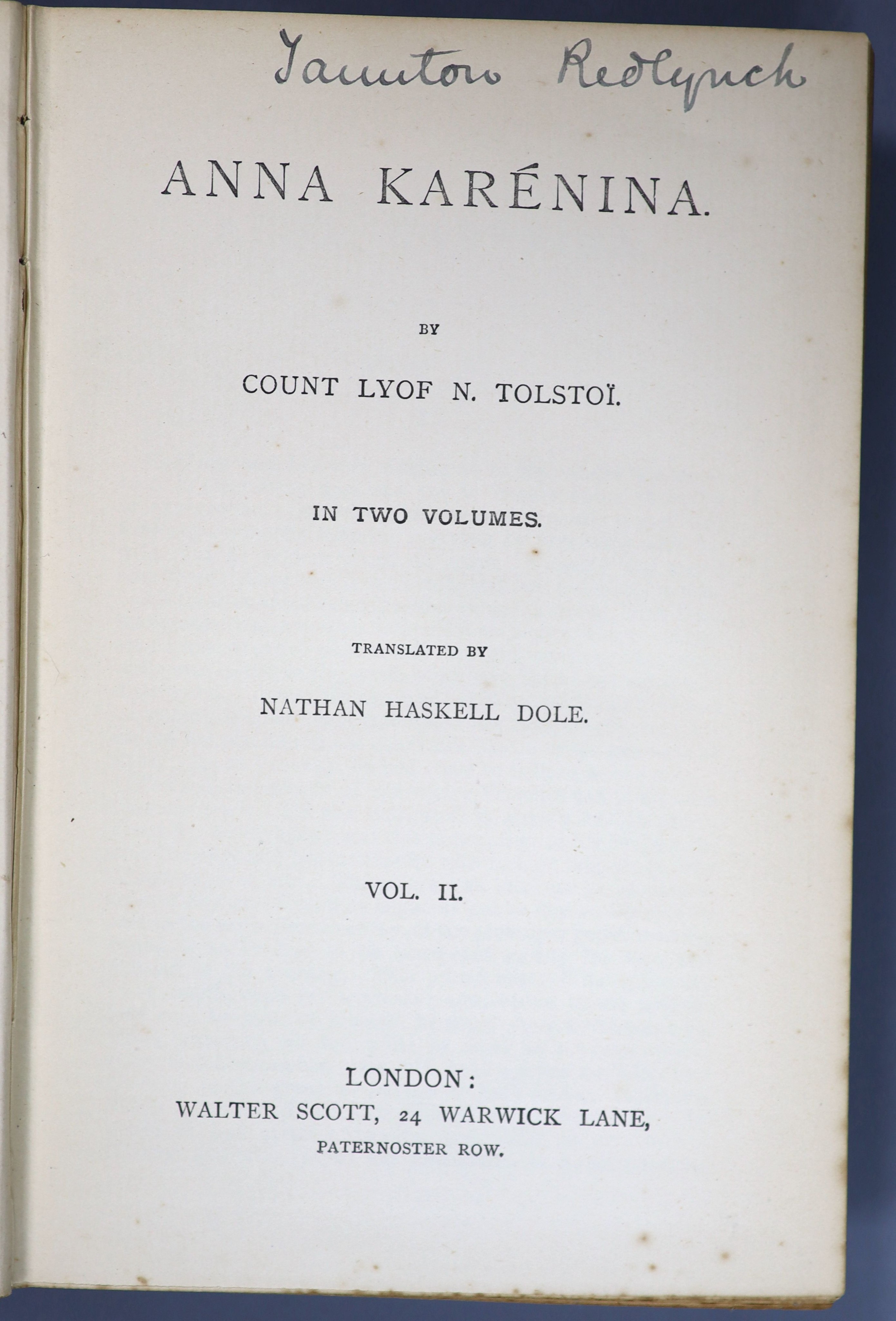 Tolstoy, Leo - Anna Karenina, 2 vols, 8vo, original blue cloth gilt, split to rear joint vol. 1, Walter Scott, London, c.1889